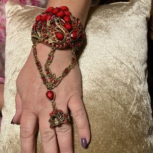 Ring bracelet attachment, vintage gold with Ruby, red rhinestones